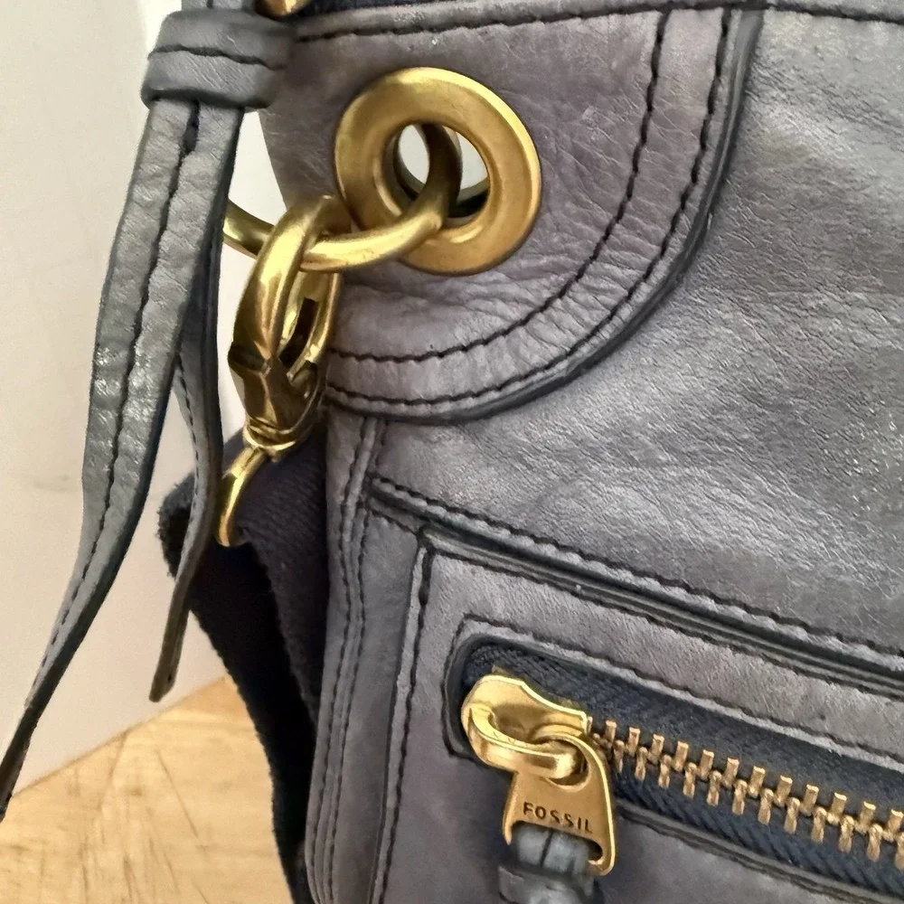 Fossil Dusty Blue Leather Handbag Zip Convertable Crossbody Shoulder Satchel Bag